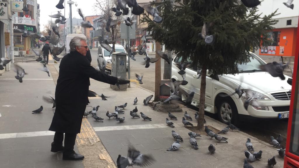 Kars'ta soğuklar nedeniyle aç kalan güvercinleri esnaf besliyor